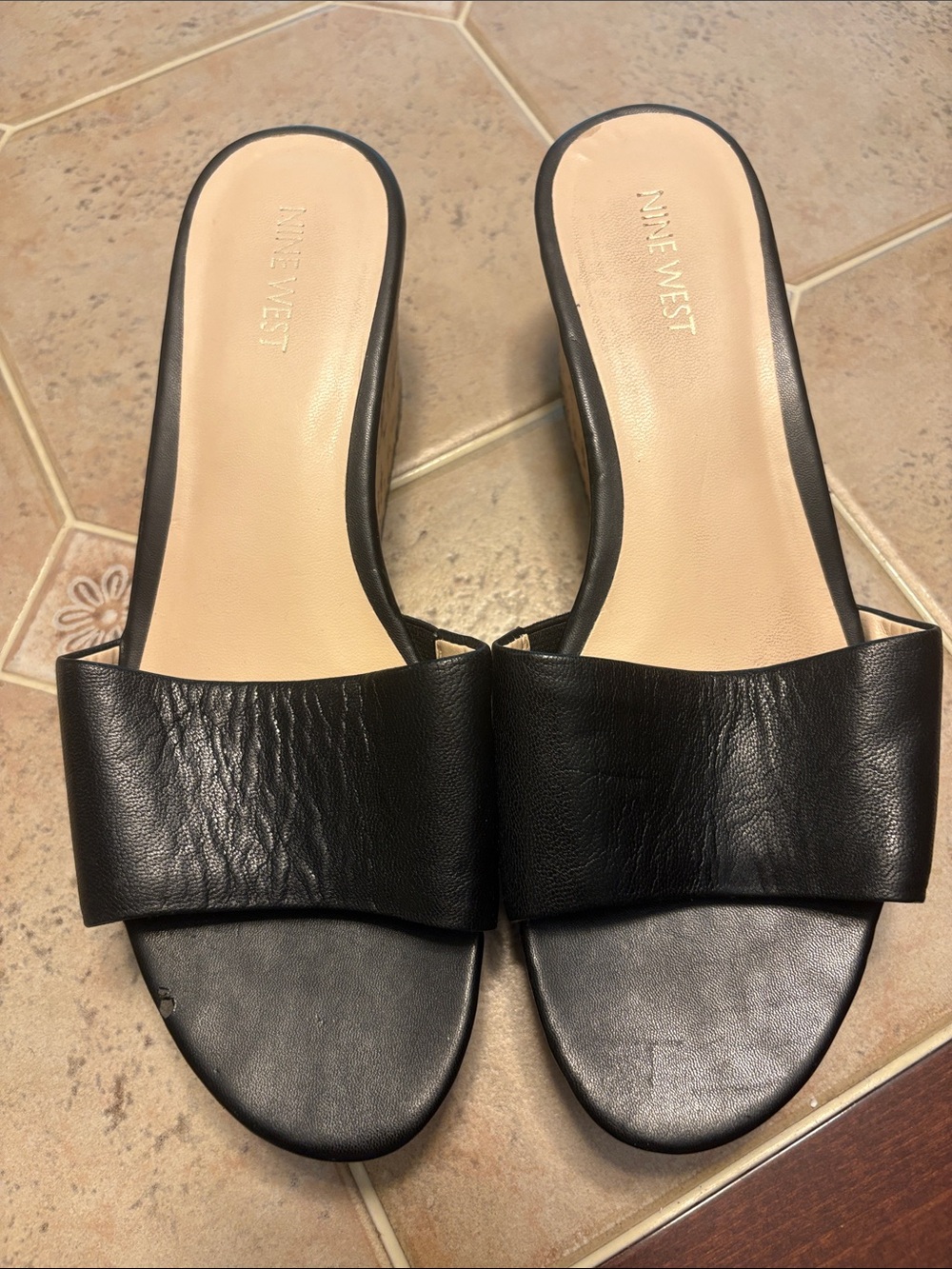 Nine West Black Leather Slide Mules